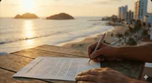 Hands signing a real estate contract at sunset with an ocean view, representing the finalization of closing costs Mazatlán.