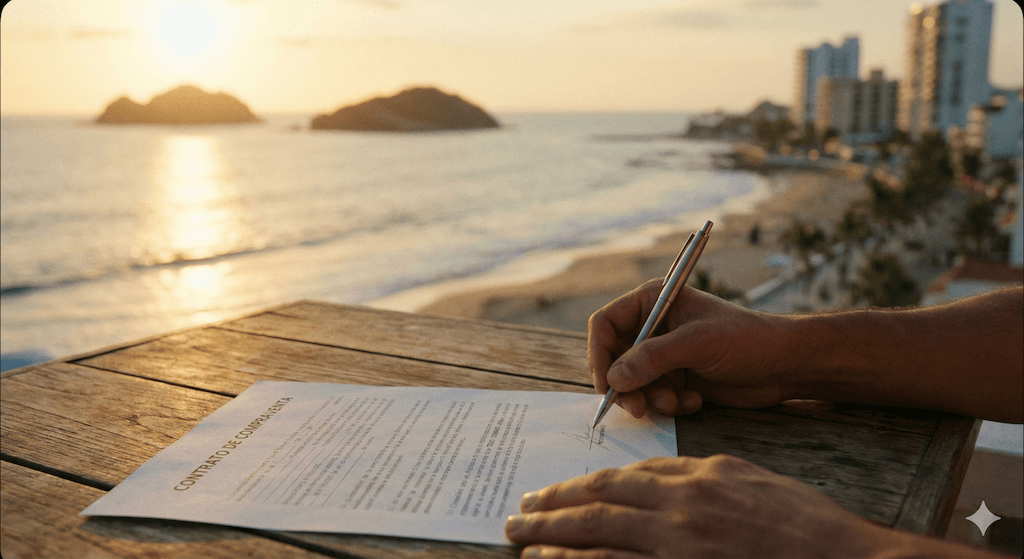 Hands signing a real estate contract at sunset with an ocean view, representing the finalization of closing costs Mazatlán.