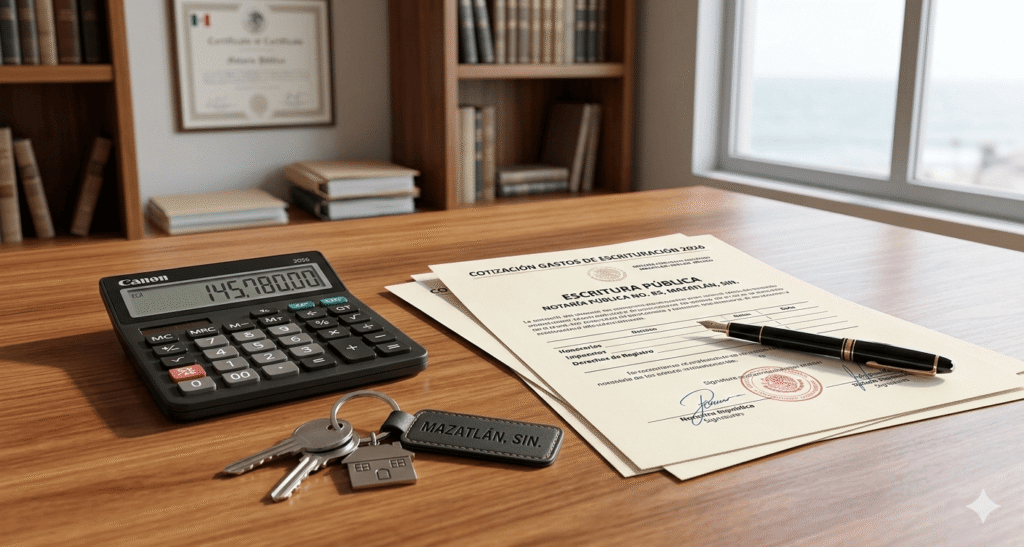 Calculadora, llaves y documentos legales que representan cuánto cuesta escriturar una casa en Sinaloa.
