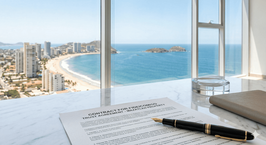 Professional real estate documents on a desk with a Mazatlán ocean view, illustrating the fideicomiso cost in Mexico for foreign buyers.