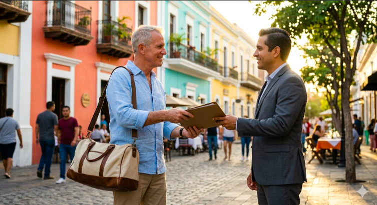 Un expat norteamericano entregando documentos legales a su representante en el Centro Histórico, ilustrando la confianza de un power of attorney in Mexico.