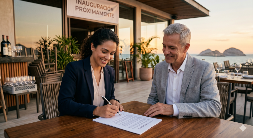 Socios firmando el acta constitutiva en Mazatlán para formalizar su nuevo restaurante frente al mar, durante los preparativos de inauguración