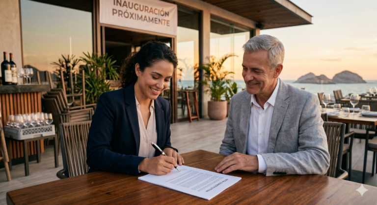Socios firmando el acta constitutiva en Mazatlán para formalizar su nuevo restaurante frente al mar, durante los preparativos de inauguración